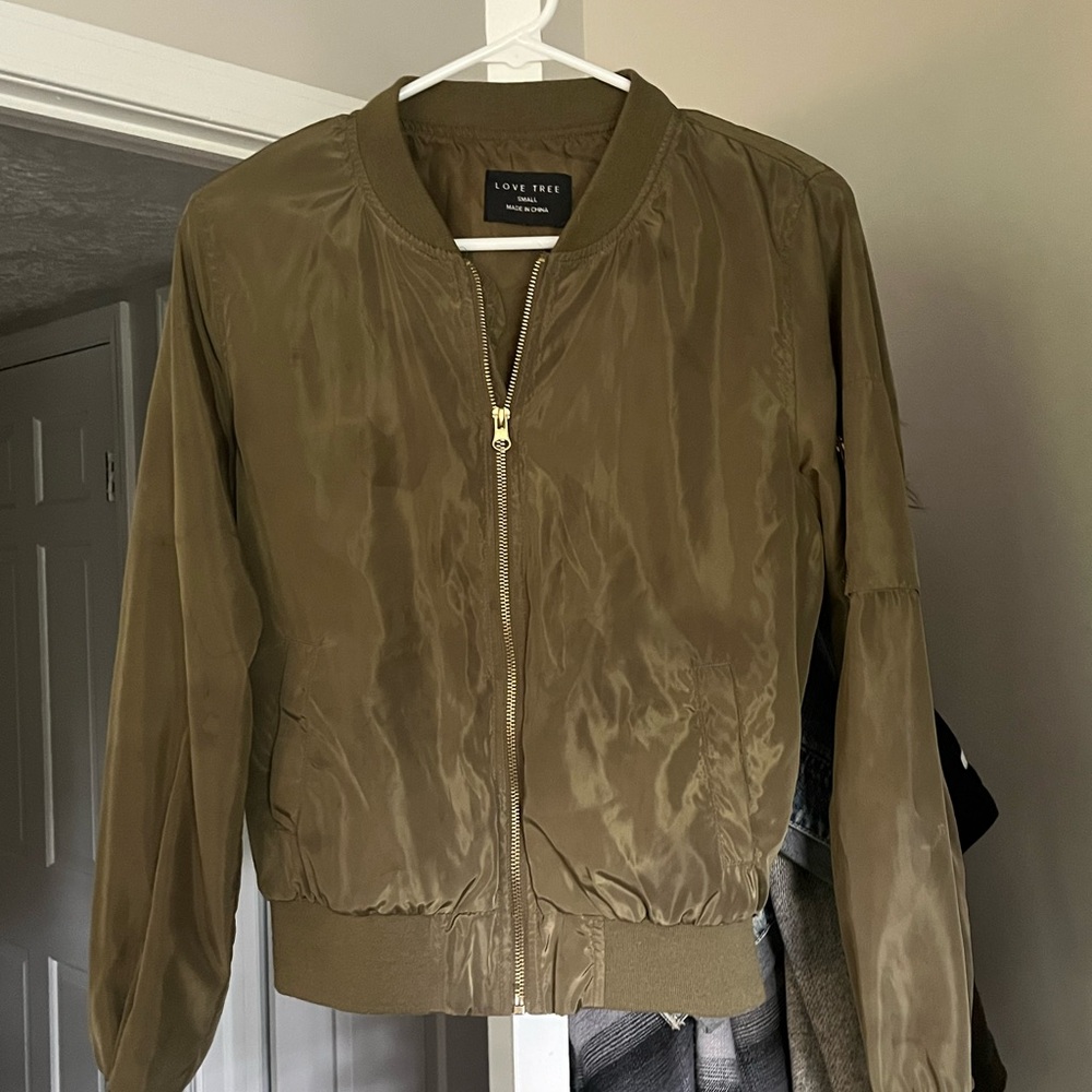Love Tree Olive Bomber Jacket with Gold Zipper